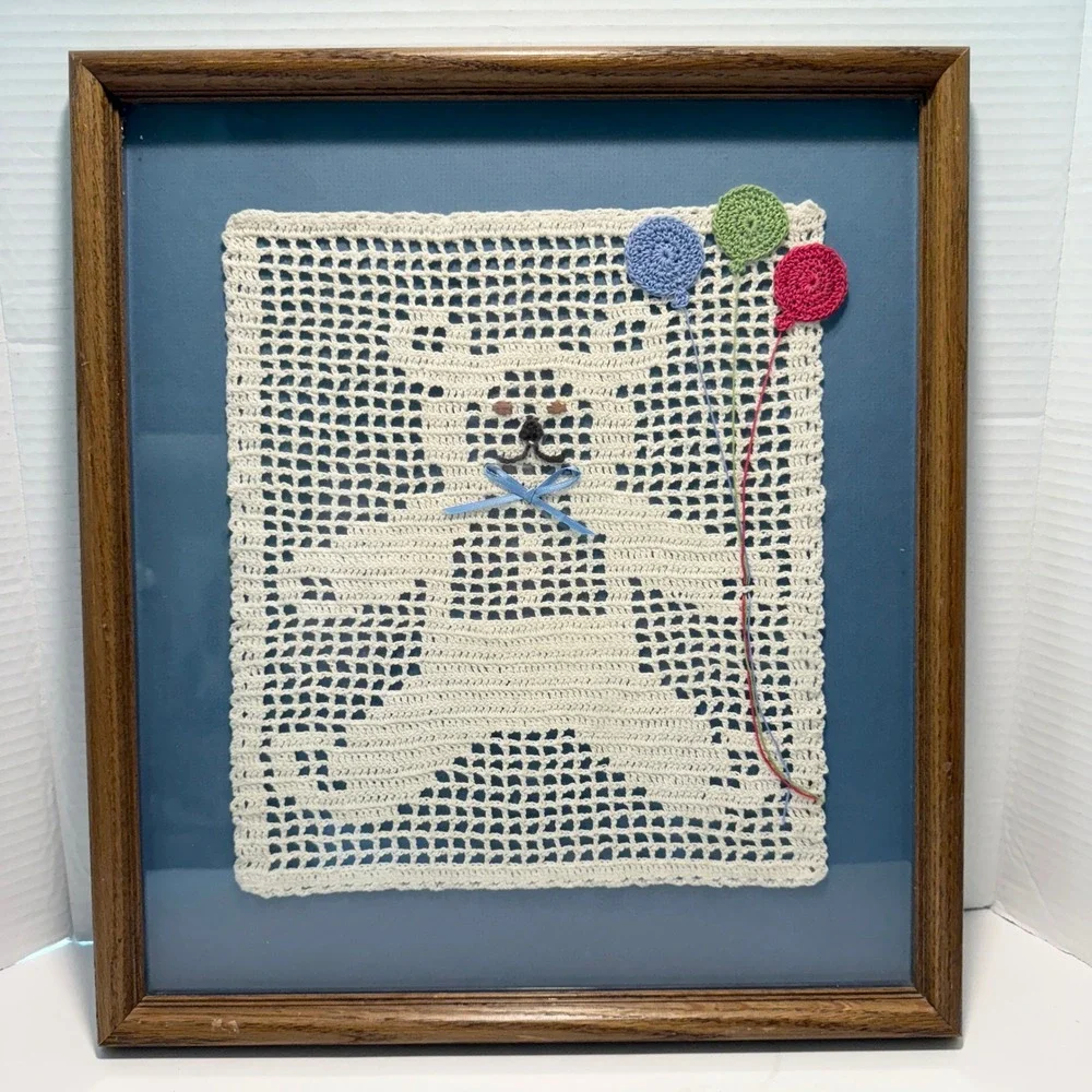 VTG 80s Crochet Teddy‎ Bear Balloons Wall Art Custom Framed Decor Cottage Whimsy